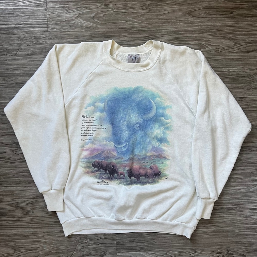 Vintage 1991 3D Emblem Bison Sweatshirt XL Delta Fifty-Fifty Chief Seattle Cream